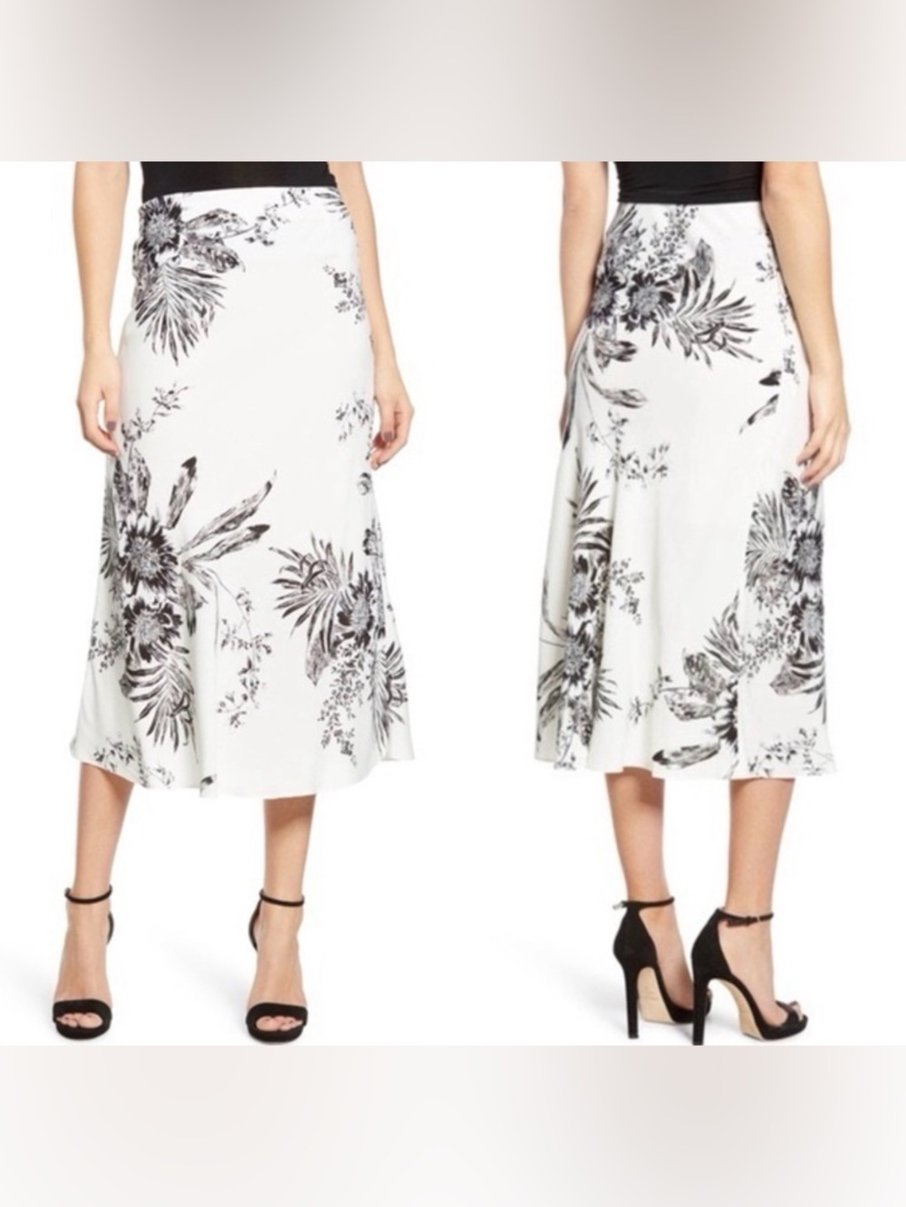 Leith Bias Cut Ivory Illustrated Midi Skirt
